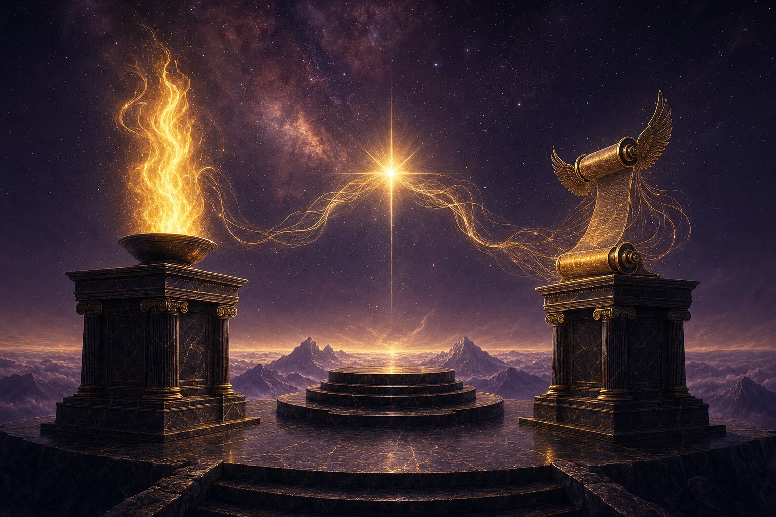 Two classical altars facing each other across a marble plinth — a tall gold flame on one, a winged brass scroll on the other — their energies merging into a single bright star above the plinth