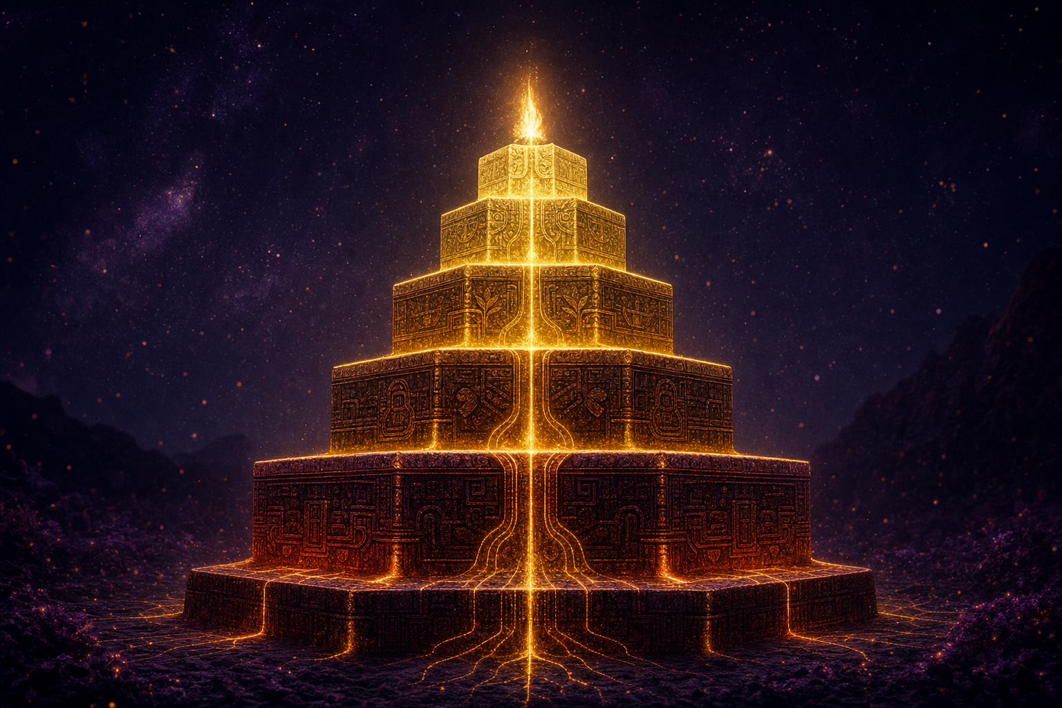 Five carved stone tiers stacked vertically like a stepped pyramid, each tier glowing a warmer hue than the one below, golden filaments connecting upward — the layers of the Frontier Stack