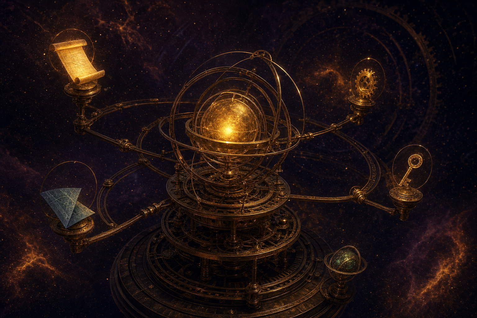 A grand antique brass orrery suspended in midnight aubergine space, arms rotating slowly with luminous artefacts on each — a system that keeps running through the night