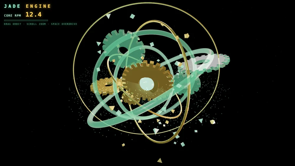 Jade Engine — interlocking translucent jade and gold rings and gears rotating in 3D