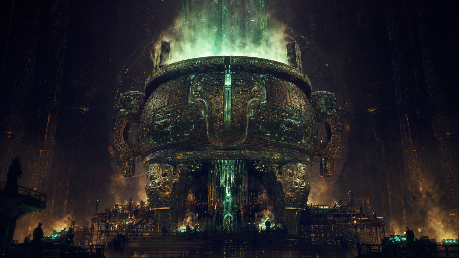 A colossal ancient bronze ritual vessel reimagined as a supercomputer, jade circuitry glowing across its surface, tiny figures working at consoles around its base