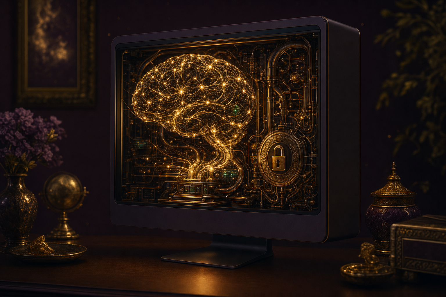 A glowing AI brain-engine running inside a desktop computer with a gold privacy padlock — a private local model