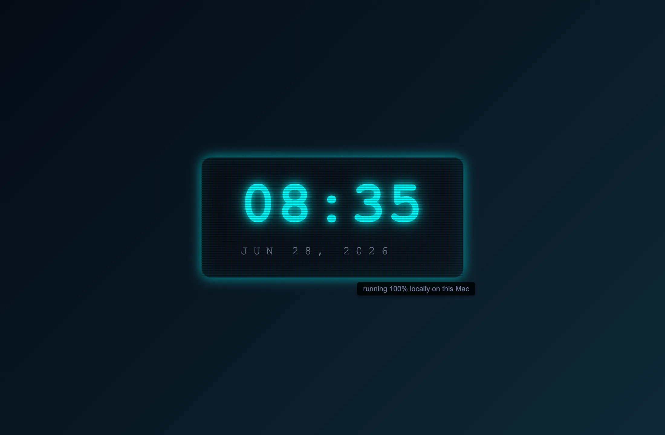 A glowing neon digital clock Qwythos built, running 100% locally