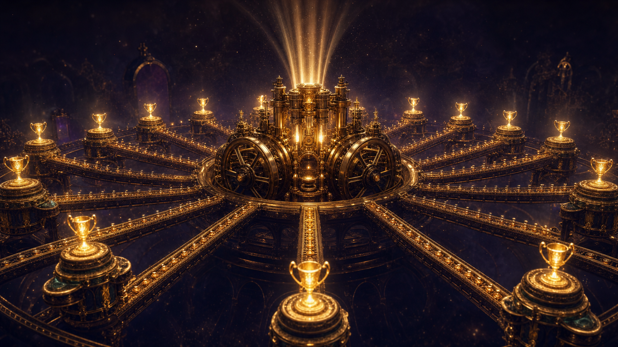 A grand brass engine radiating golden conveyor tracks outward to a circle of glowing first-place trophy podiums under a night sky