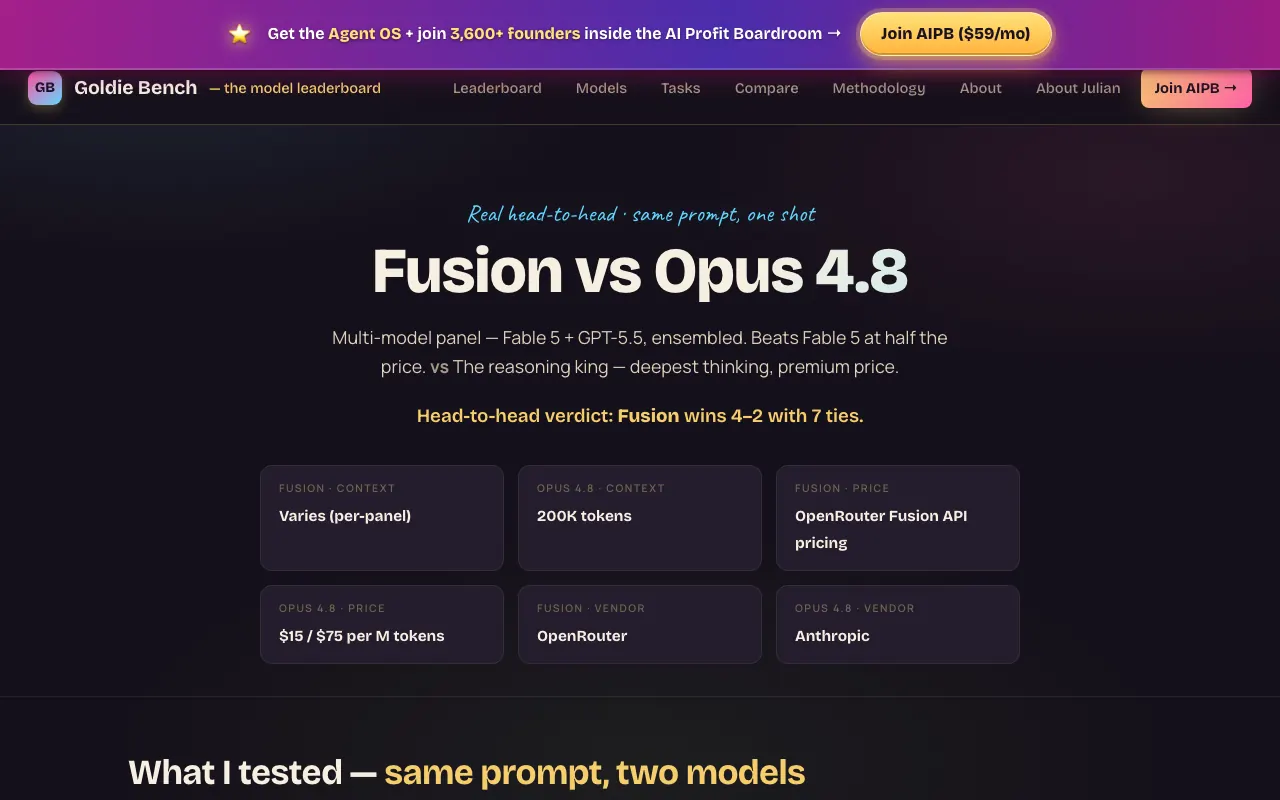Single /vs/ page — Fusion vs Opus 4.8 head-to-head with real scores, demos, and verdicts