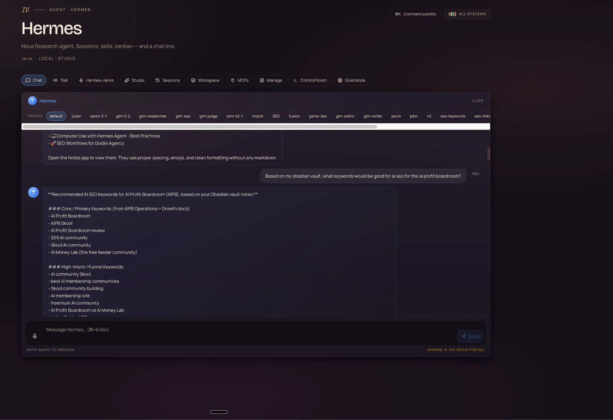 Asking the Hermes agent for keywords based on the Obsidian vault, and getting a sorted keyword list back