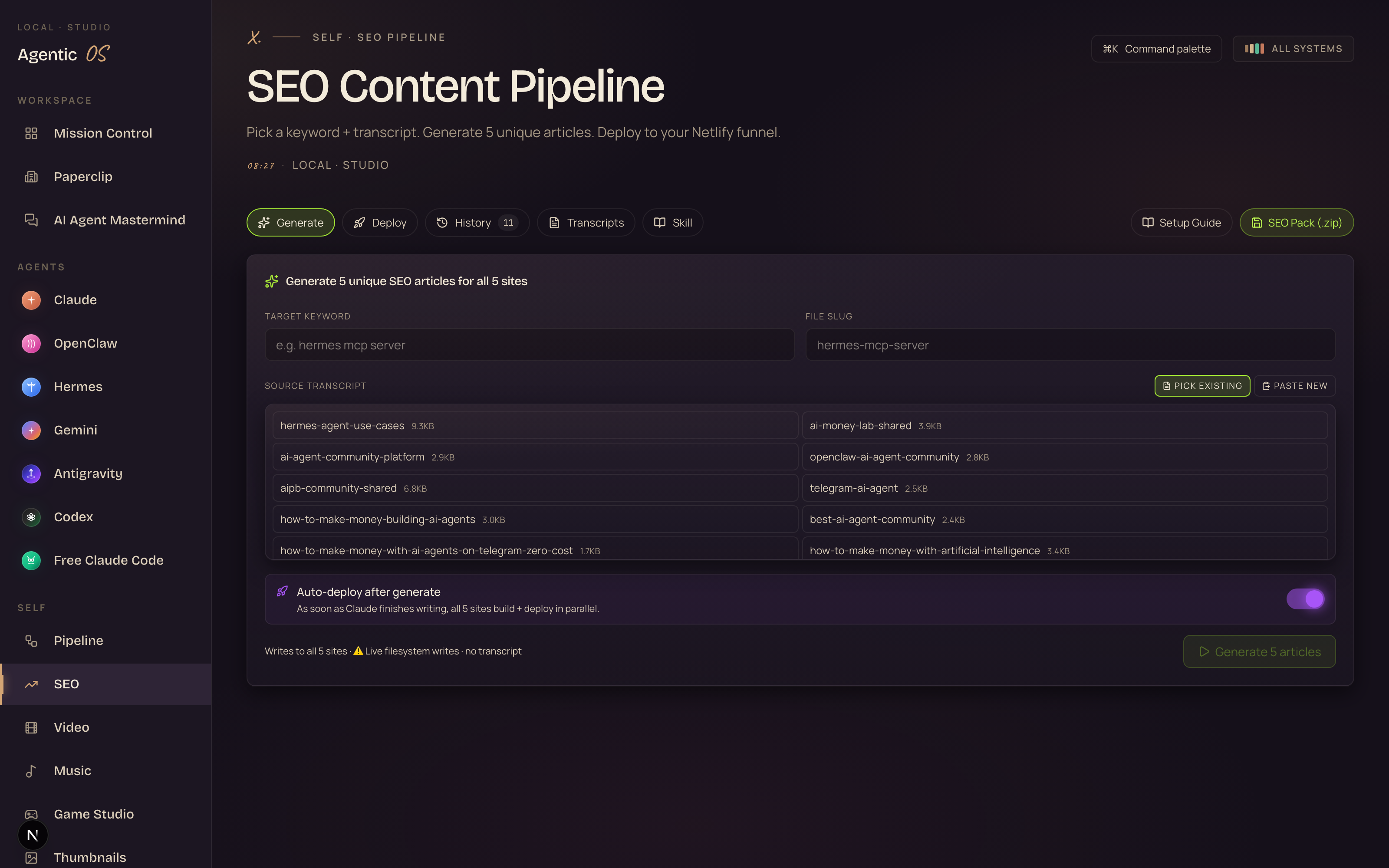 The SEO and keyword surface inside the Agent OS dashboard