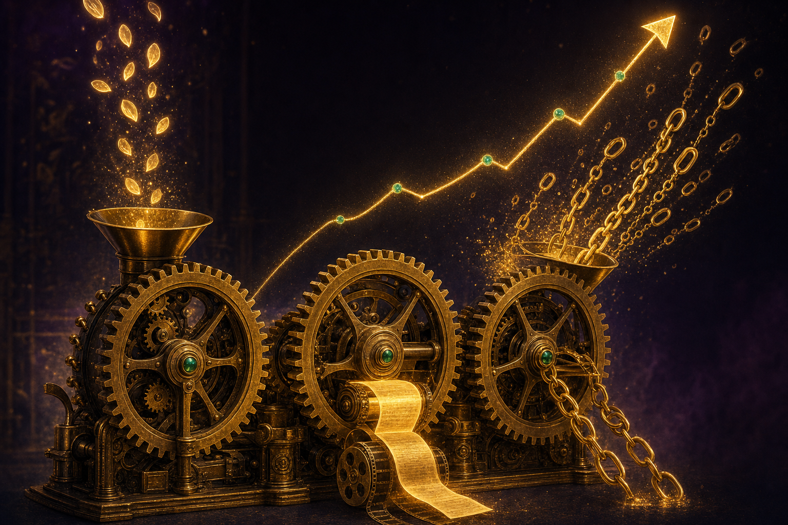 A glowing brass three-gear machine that catches keyword seeds, stamps out pages and films, launches link chains, and sends a golden ranking graph soaring upward