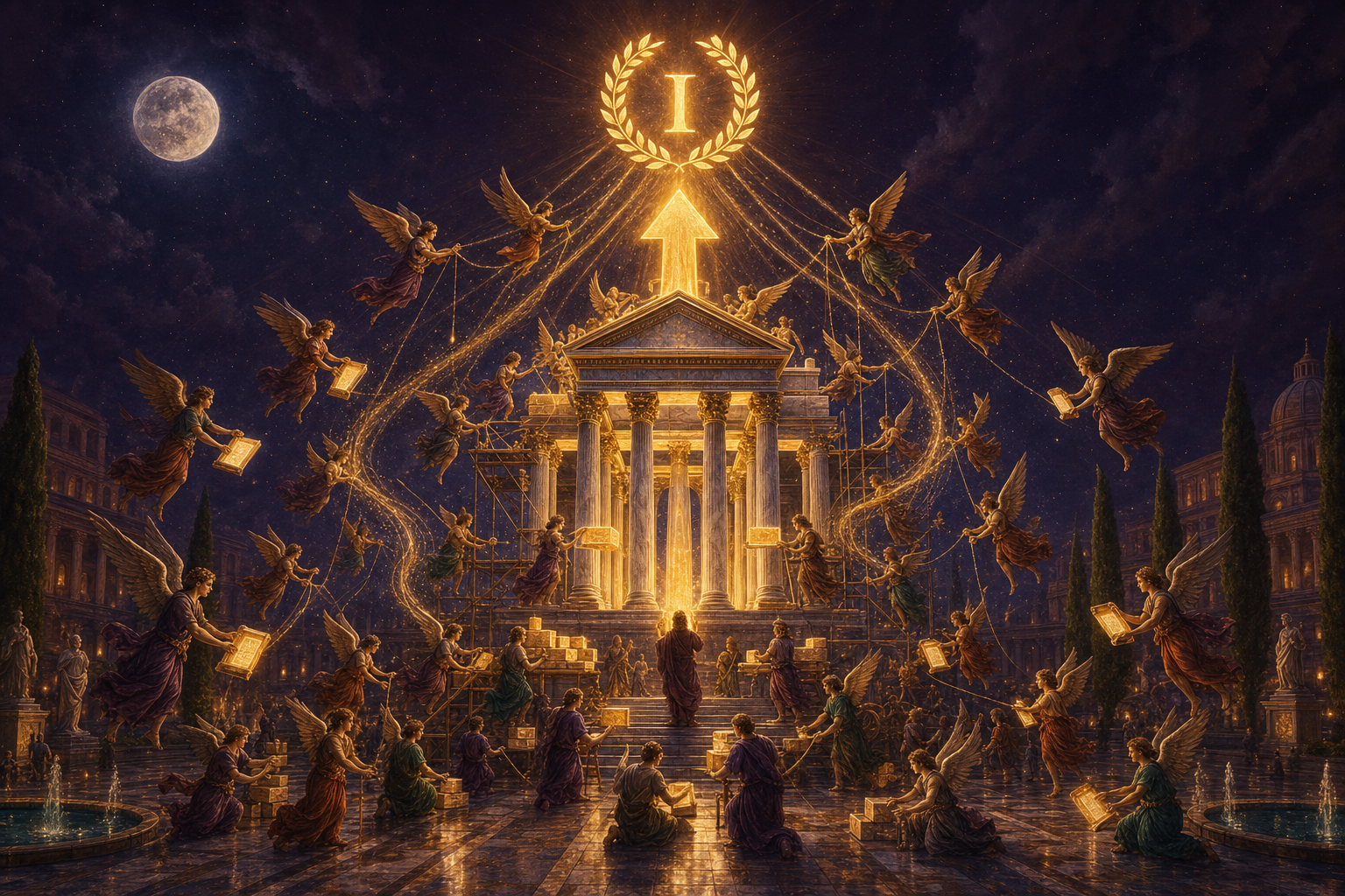 A glowing temple-website being lifted higher by a swarm of winged worker-spirits, with a golden number-one summit above — a whole team of AI agents ranking a website