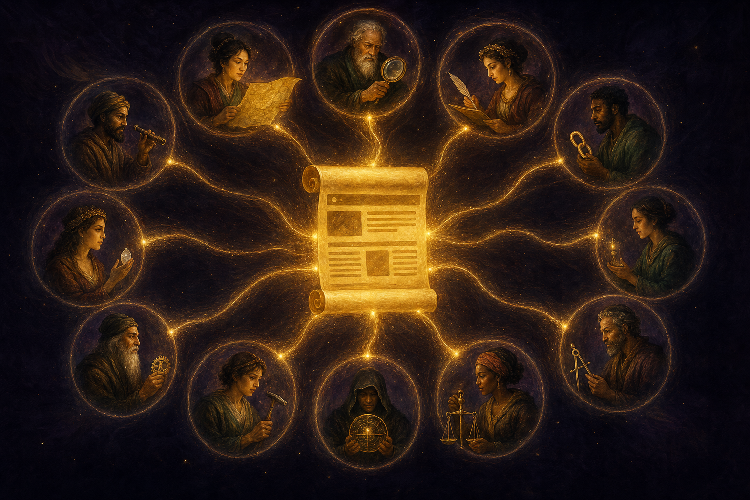A central glowing website ringed by a dozen specialist worker-spirits, each holding a different tool, all feeding light into the site — the SEO swarm in formation