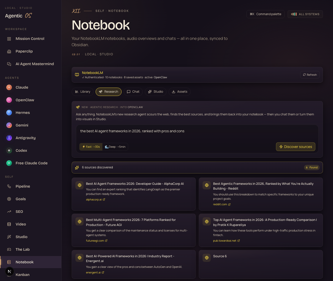 The Deep Dive — NotebookLM's research agent finding live web sources inside the Agent OS