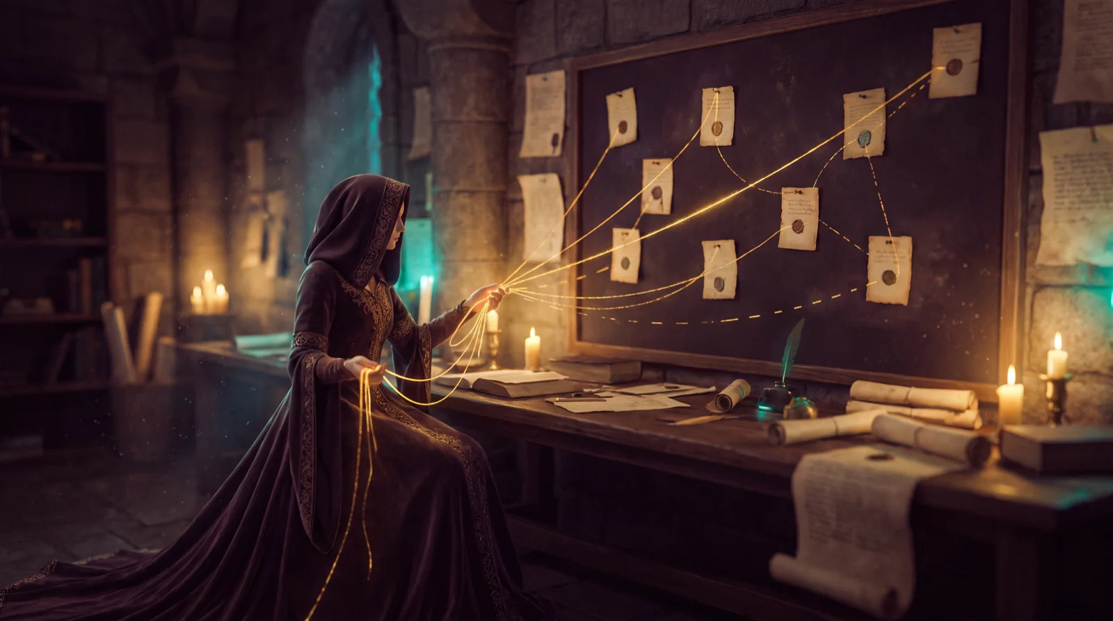 A robed archivist, fully clothed in a long hooded robe, pins golden threads between sealed cards on an evidence board, some threads solid and some dashed