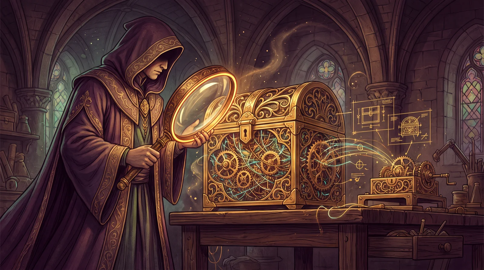 A robed engineer, fully clothed in a long hooded robe, holds a glowing lens over a golden machine whose casing turns transparent to reveal gears and light threads