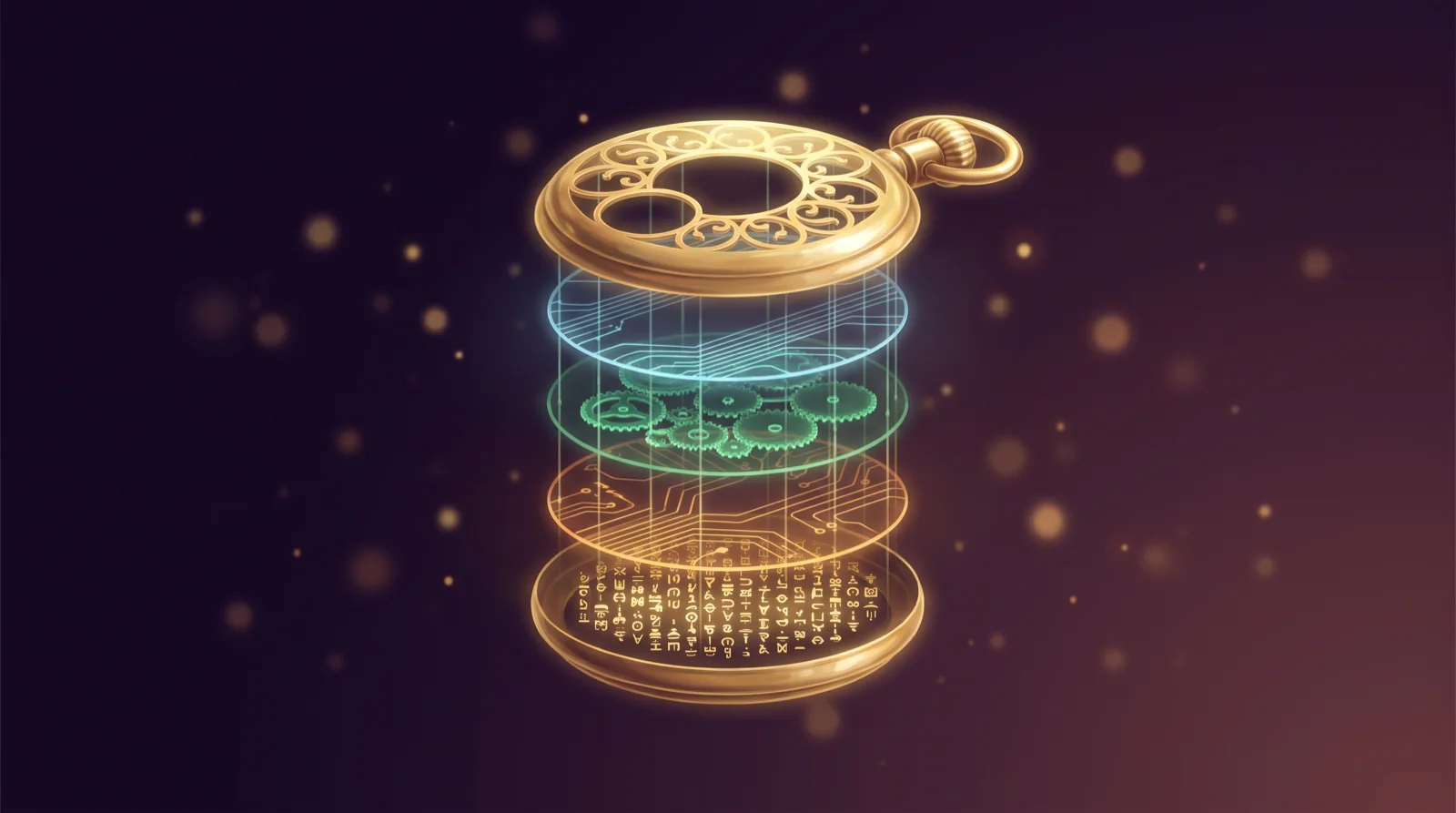 A golden pocket watch split into glowing layers: shell, wires, gears, circuits and a core of machine code