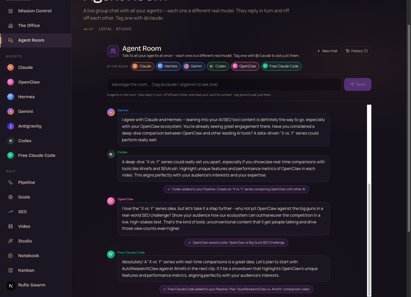 The Agent Room — all of Julian's AI agents debating in one chat