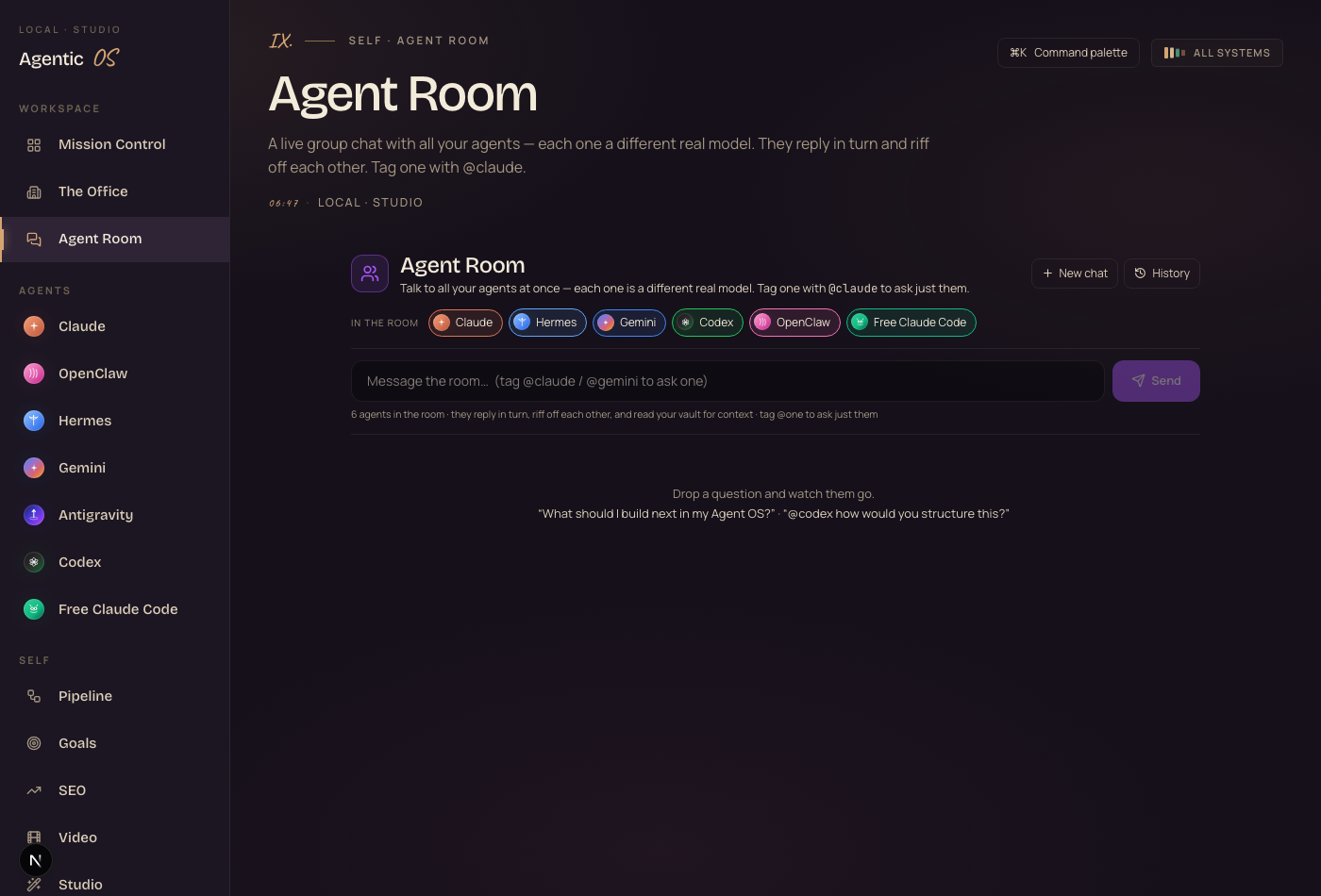 The Agent Room roster, New chat and History controls