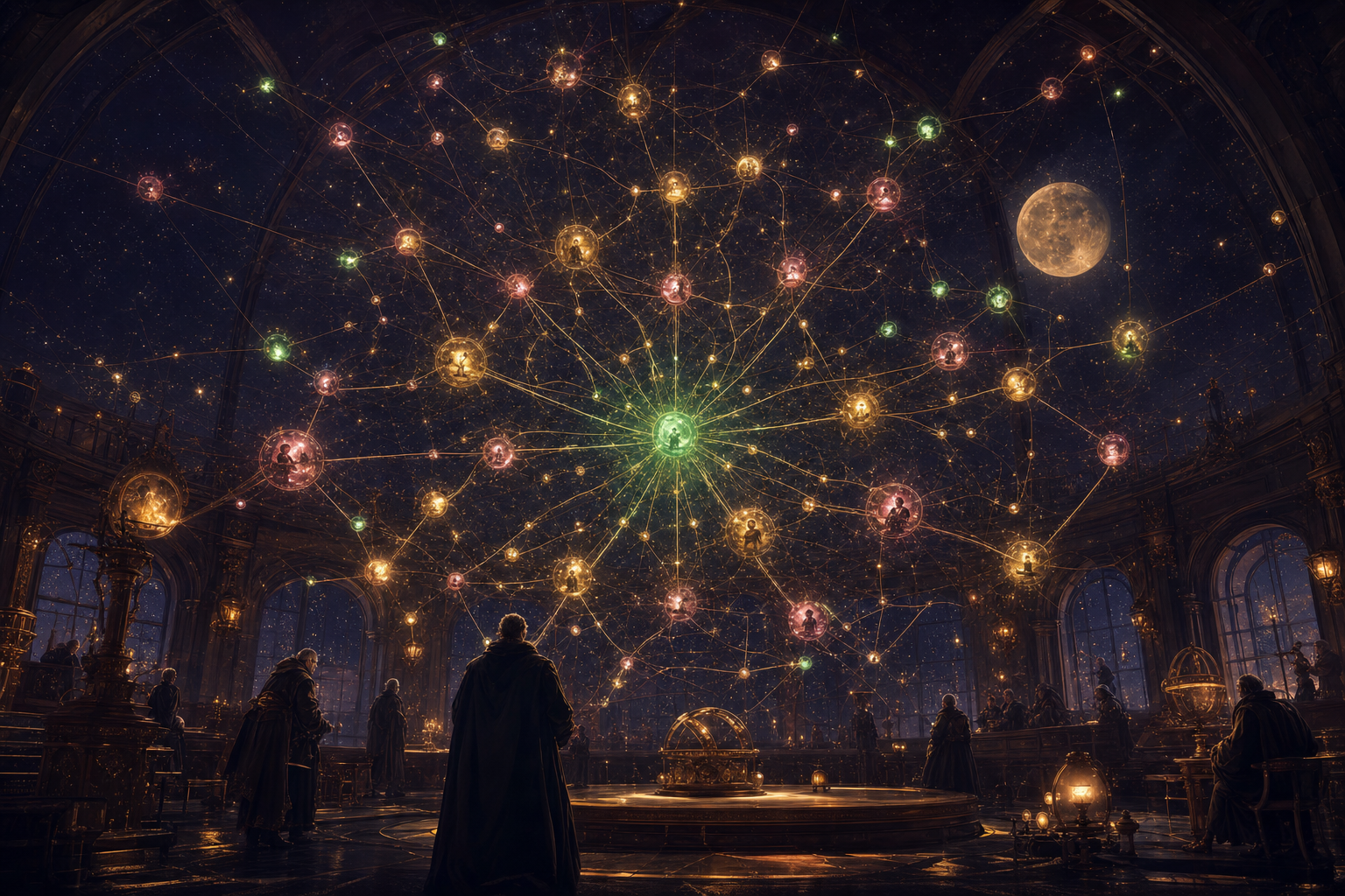 A glowing constellation of fourteen specialist agent stars connected by golden light-edges, swarming around a single central mission orb — the Ruflo multi-agent platform inside the Agent Operating System