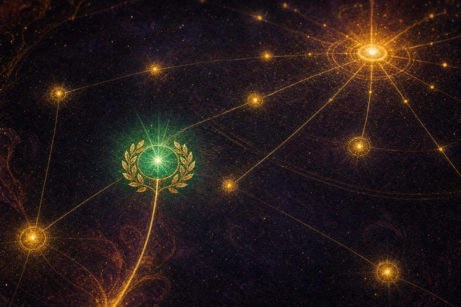 Five glowing layered rings forming the Ruflo Constellation — the mission core at the centre, swarm of specialist agents around it, animated golden edges between them, green completion lights blooming, and the assembled answer rising above — all inside the Agent Operating System