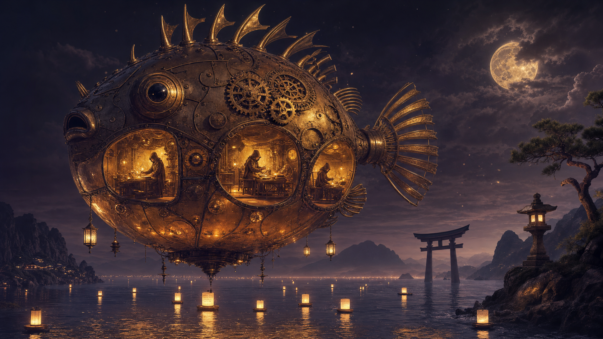 A giant clockwork brass pufferfish floating like an airship above a moonlit Japanese bay, three glowing workshop chambers visible in its belly with robed artisans fully clothed at their benches, torii gate and paper lanterns below