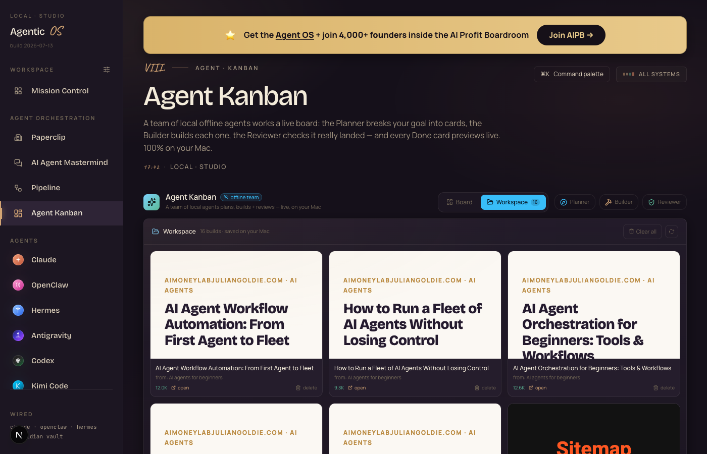 The Agent Kanban Workspace tab in the Agent OS showing 16 finished builds, including real SEO articles shipped to a live funnel site