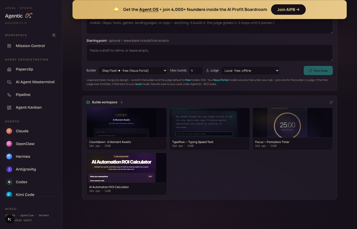 The Loop Engineering panel in the Agent OS: goal box, Builder dropdown set to a free model, Judge dropdown set to local free offline, max rounds, Run loop button, and a Builds workspace gallery with four finished builds
