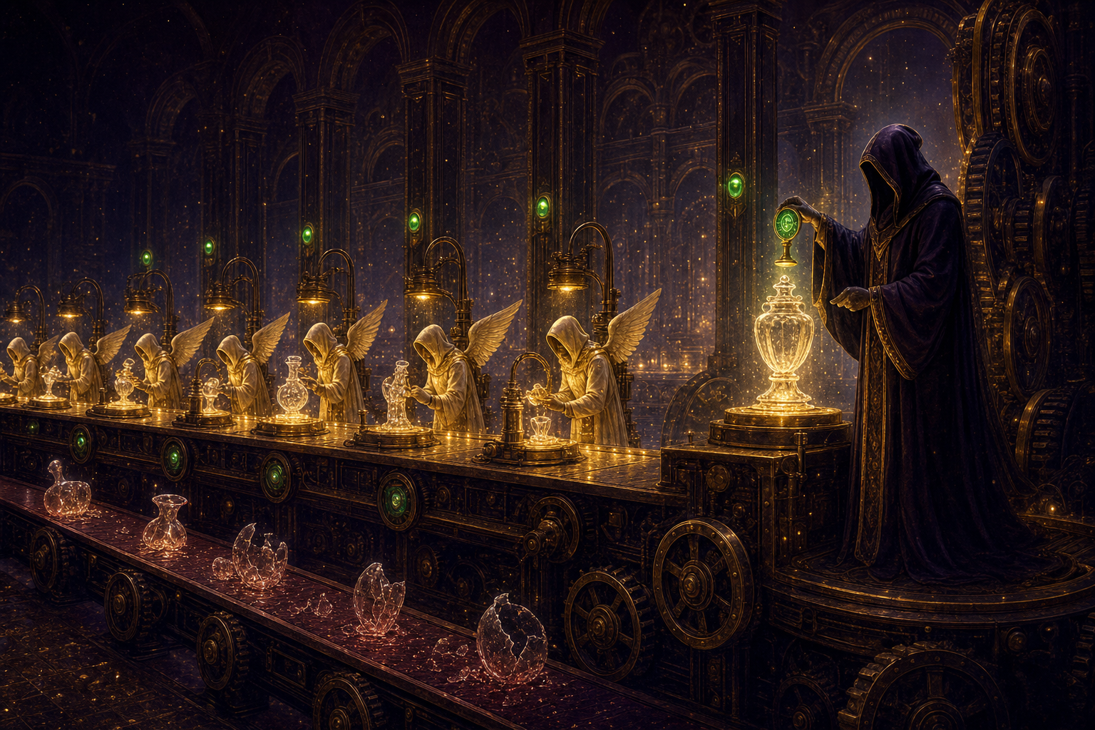 A classical factory hall: small winged worker figures in glowing knee-length tunics, fully clothed, inspect luminous artifacts on a golden conveyor while a tall inspector in a full-length hooded robe, fully clothed, holds an emerald seal of approval; a cracked artifact loops back along a lower return belt