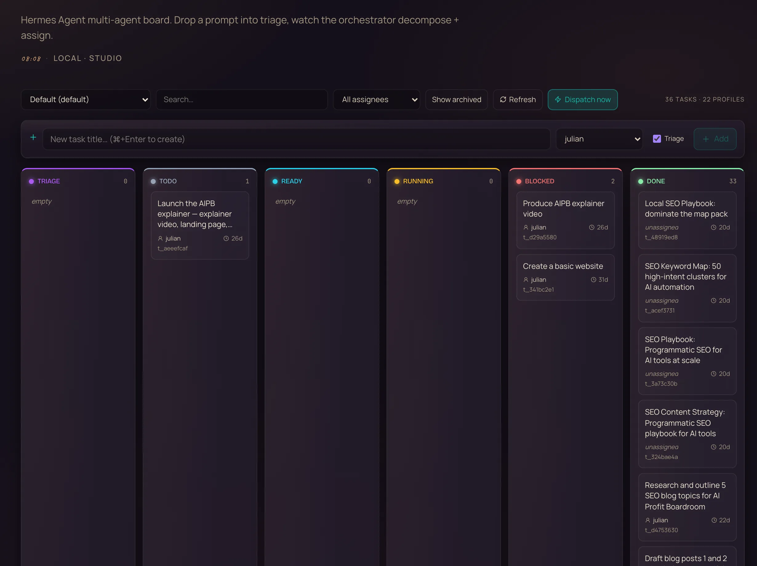 The Hermes Kanban board — 36 tasks across 22 profiles, with SEO keyword maps, blog drafts and an explainer video moving across columns to Done