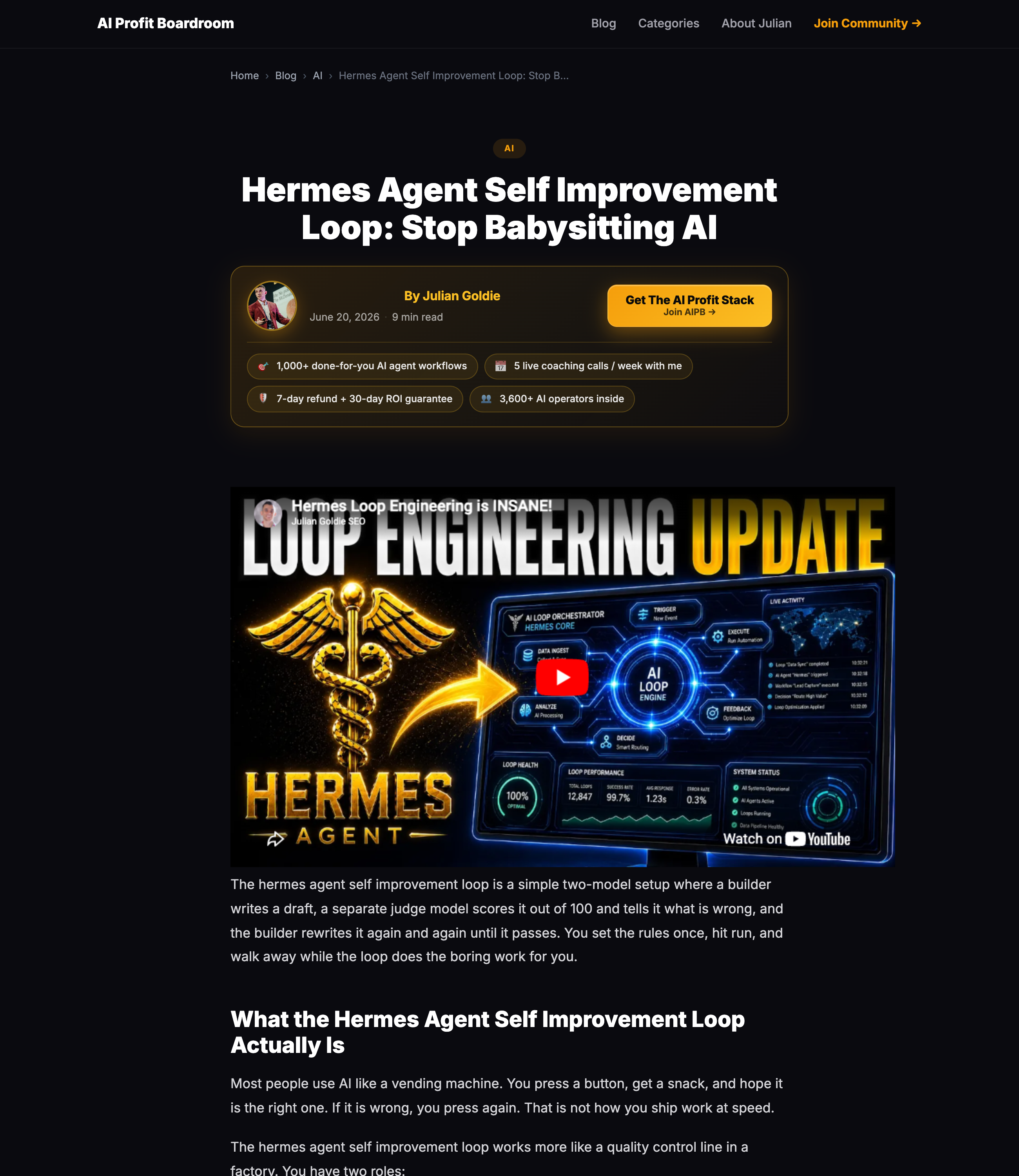A real SEO blog post live on aiprofitboardroom.com, written and quality-graded by the Hermes loop