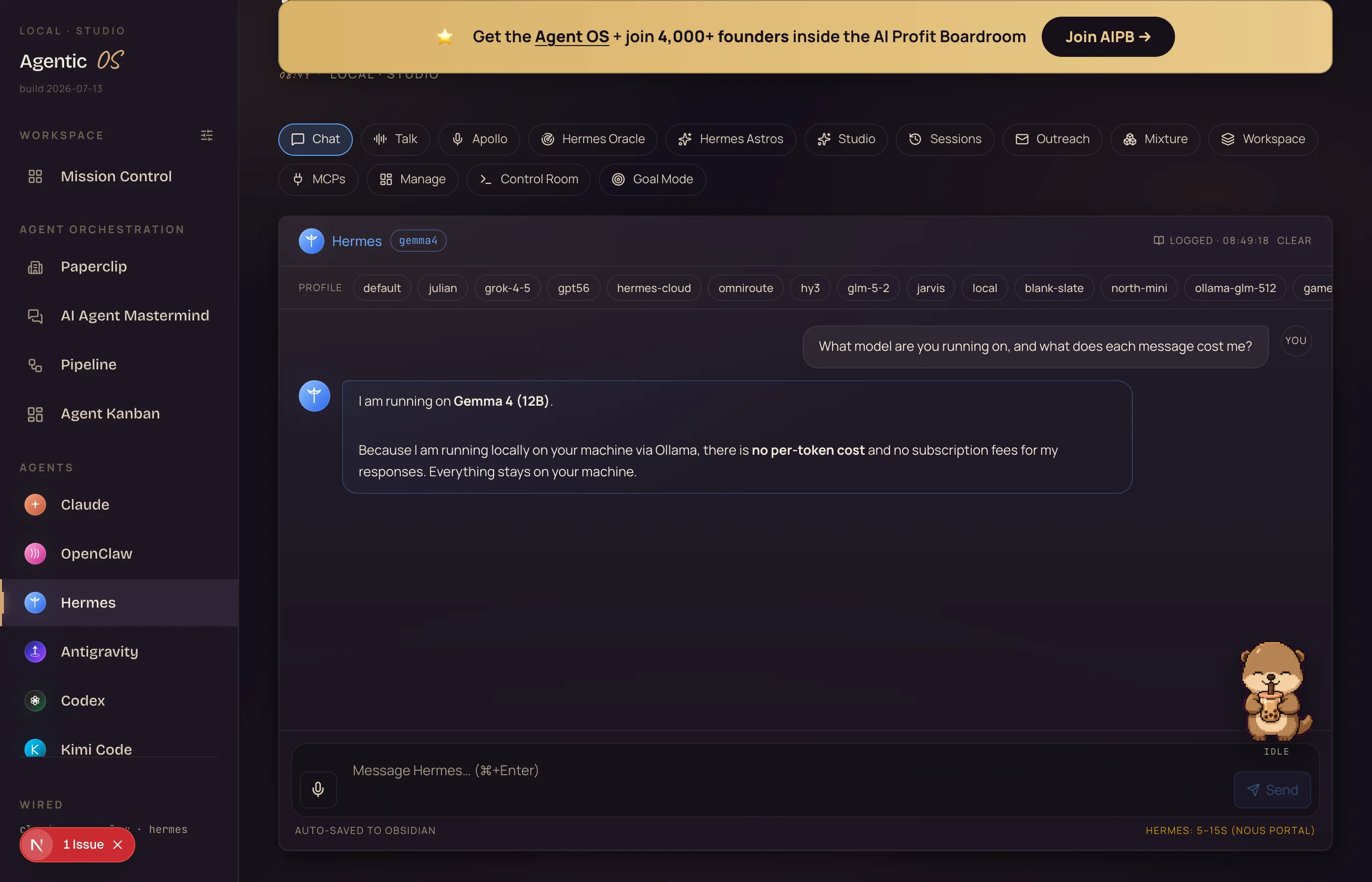 The Agent OS chat with the Gemma profile answering that it runs locally on the Mac via Ollama