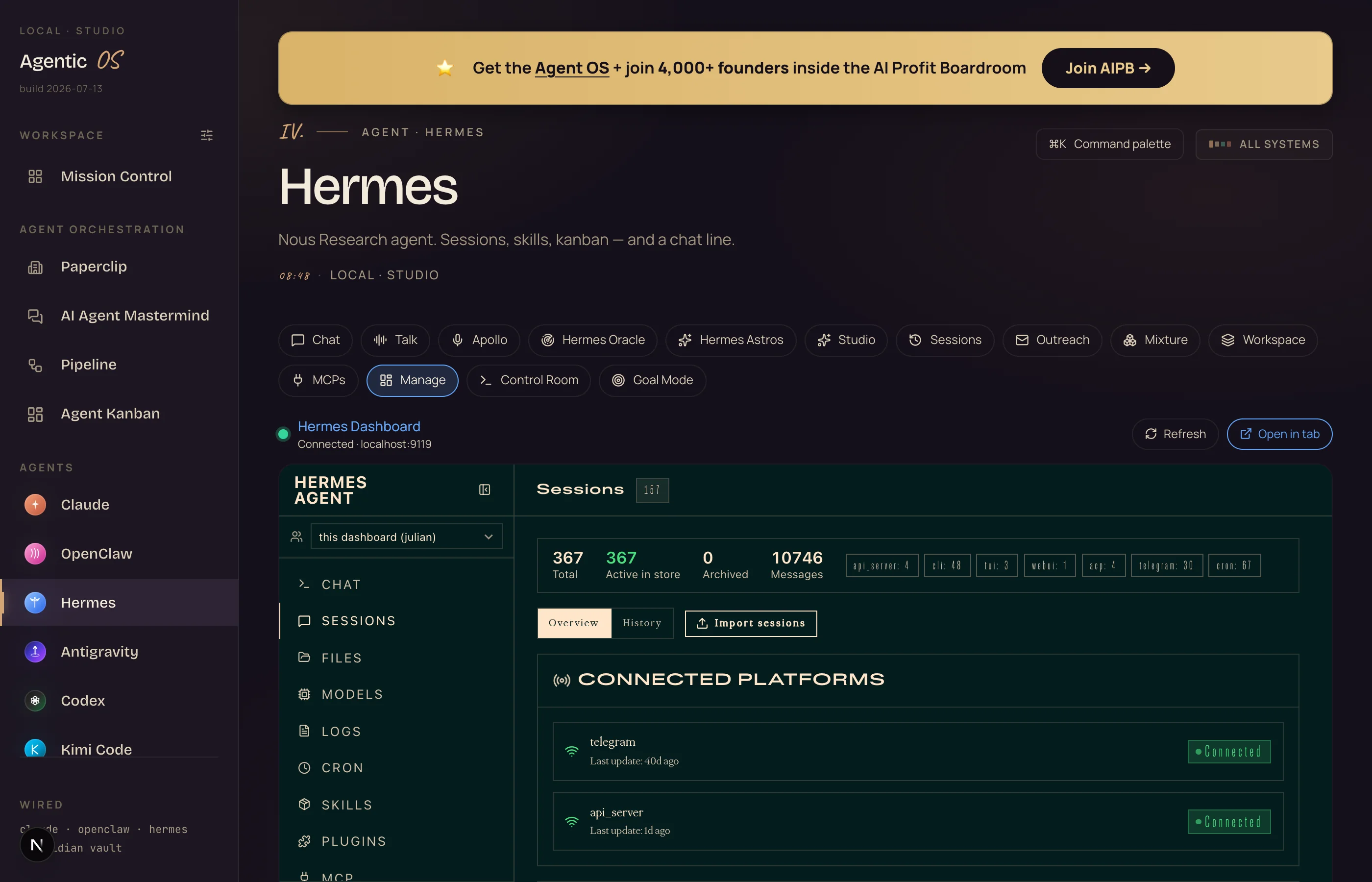 The Agent OS Hermes command centre — dashboard connected, hundreds of sessions, the live agent the new profile plugs into