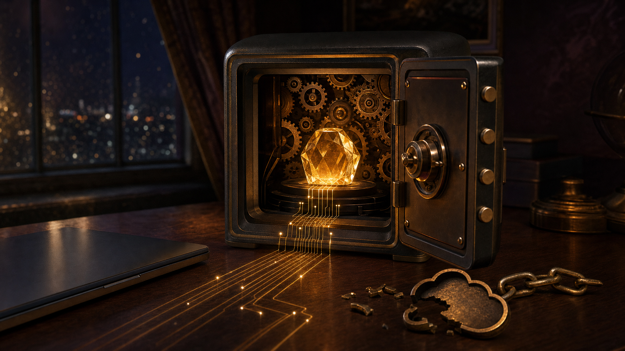 A glowing golden gem held inside a small home vault on a desk beside a laptop, with a broken cloud-shaped chain lying next to it