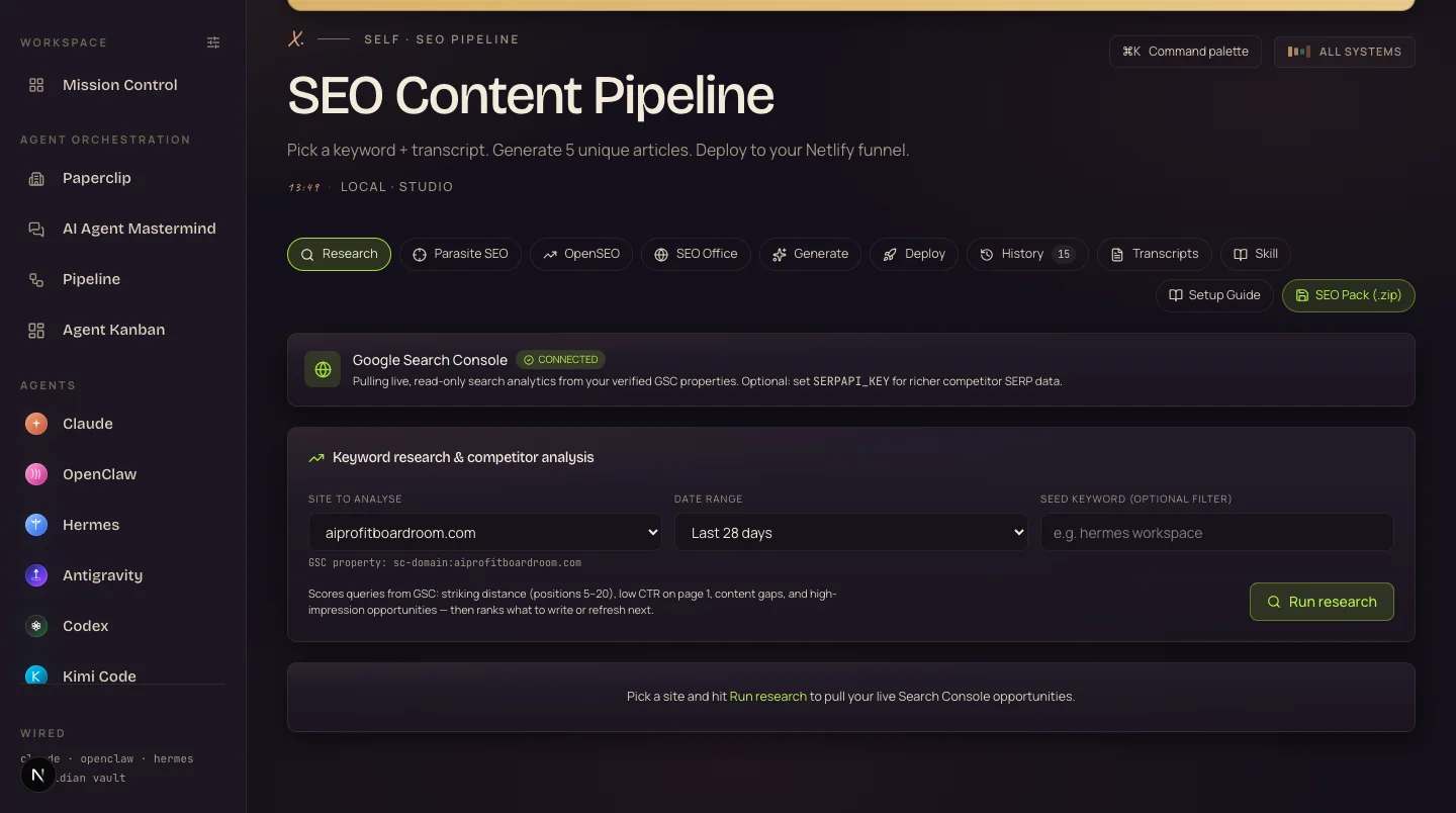 The SEO Agent OS keyword research screen with Google Search Console connected, showing site picker, date range and the striking distance scorer