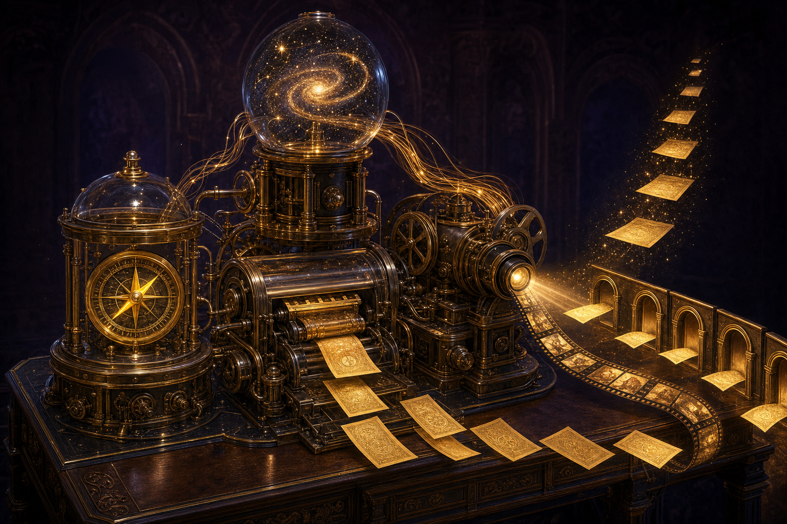 A brass and gold machine with four connected chambers: a glowing compass, a printing press streaming golden pages toward five lit doorways, a film projector, and a glass orb holding a galaxy of stars feeding threads back into the machine
