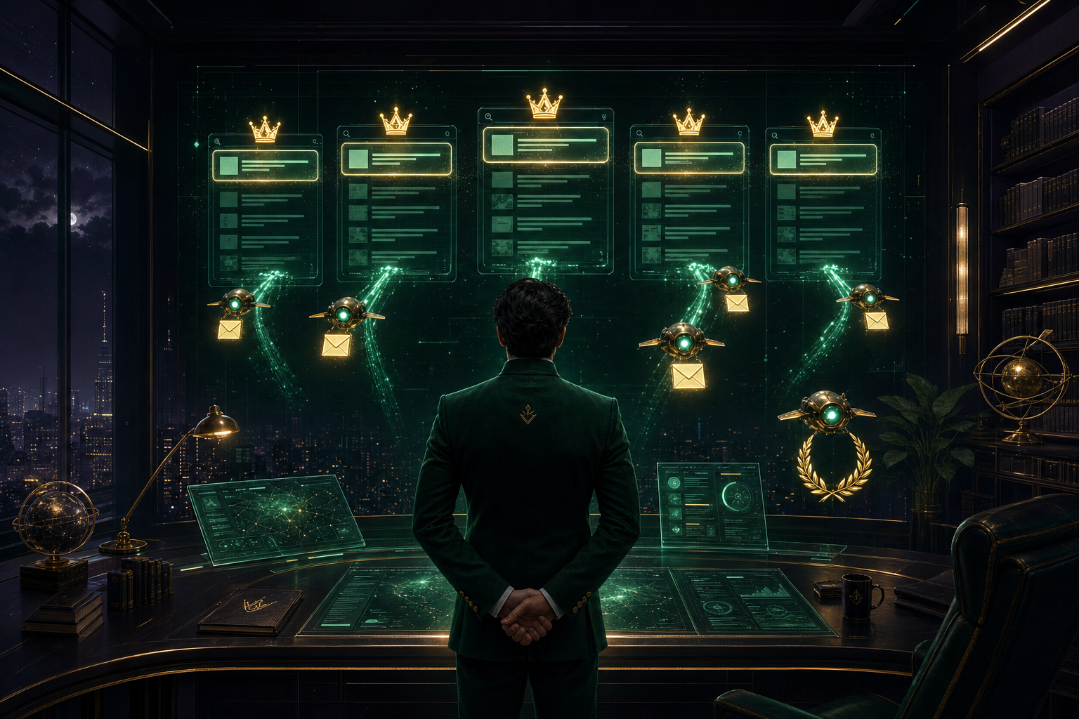 A calm operator in an emerald suit watching a wall of glowing ranking panels while courier drones deliver content to the top slots