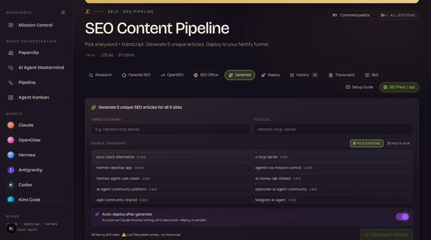 The SEO Content Pipeline screen showing the transcript picker, target keyword field and the auto-deploy toggle that builds all five sites in parallel