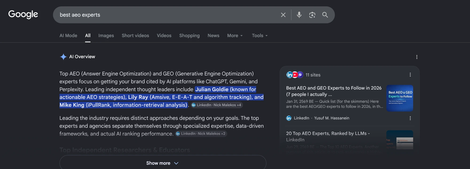Google AI Overview for best AEO experts naming Julian Goldie as a leading independent thought leader