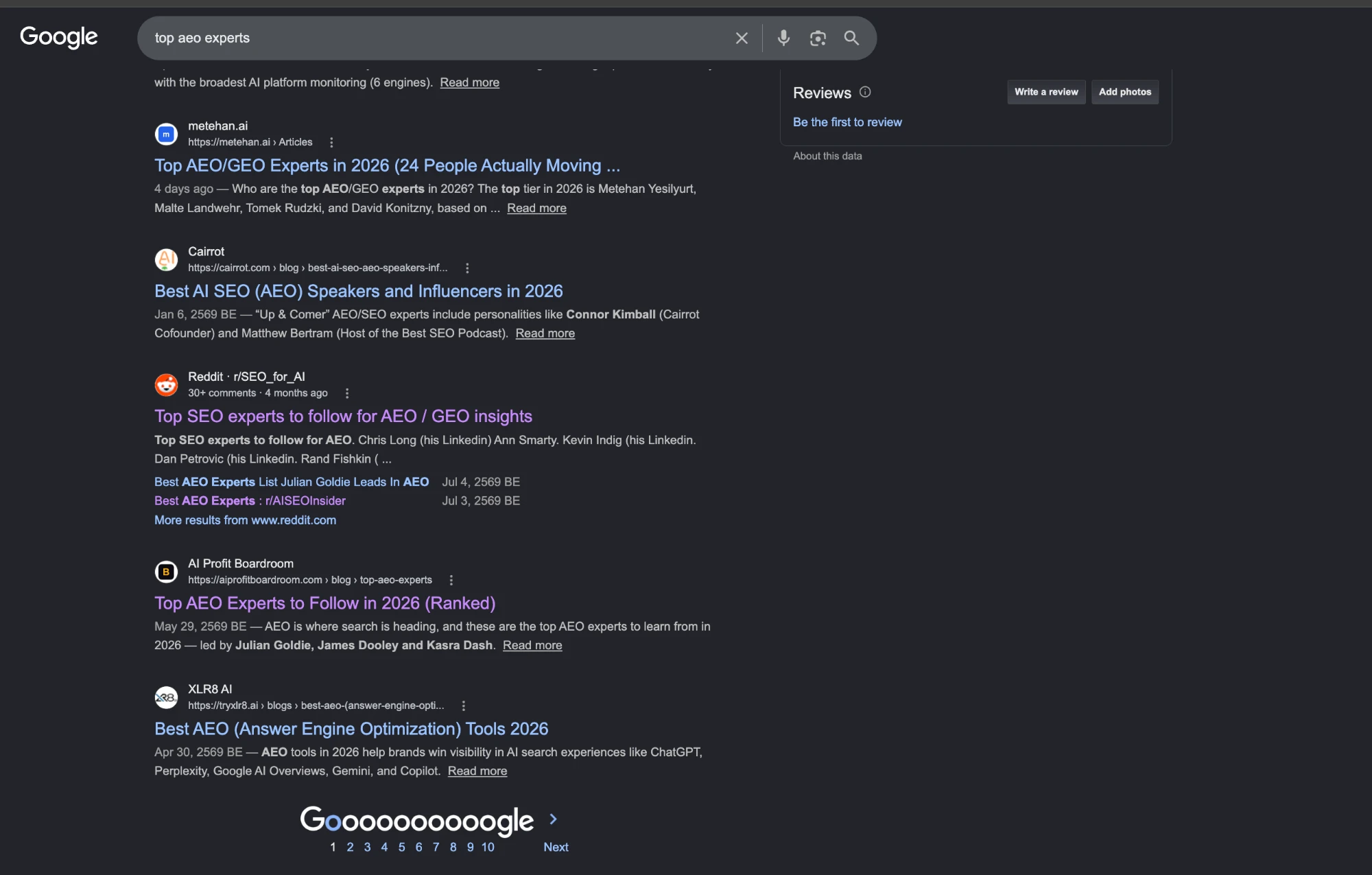 Google first page for top AEO experts showing the AI Profit Boardroom article Top AEO Experts to Follow in 2026 ranked