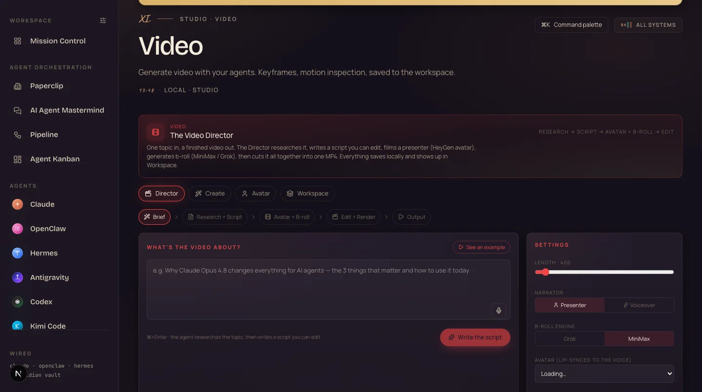 The Video Director screen in the Agent OS showing the brief field, presenter and voiceover narrator options, and the B-roll engine selector