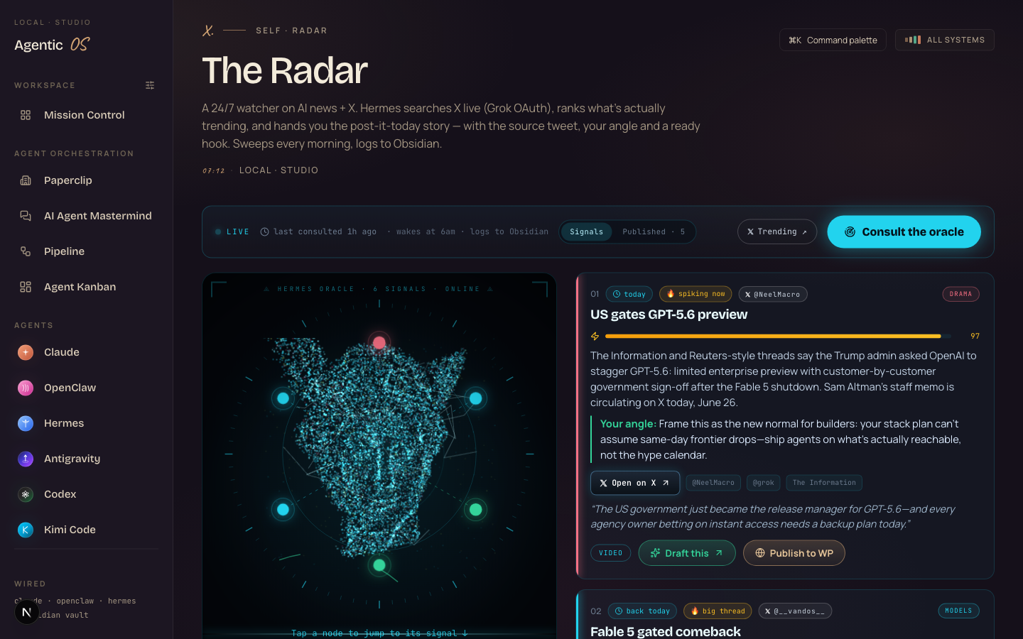 The Hermes Oracle / Radar — a 24/7 X firehose watcher with a glowing orb and ranked trending cards