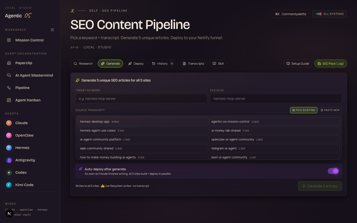 The Agent OS SEO Content Pipeline — pick a keyword, generate 5 unique articles, deploy