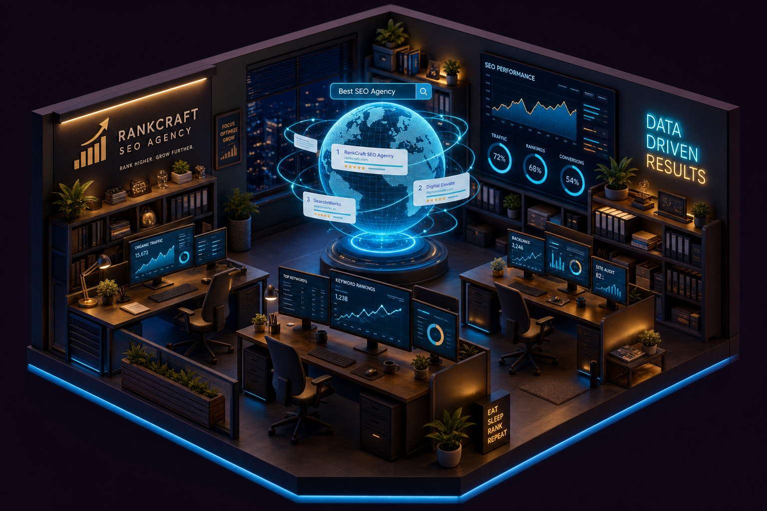 Isometric miniature SEO agency office at night with glowing desks, ranking charts on monitors, and a holographic globe of search results in the center