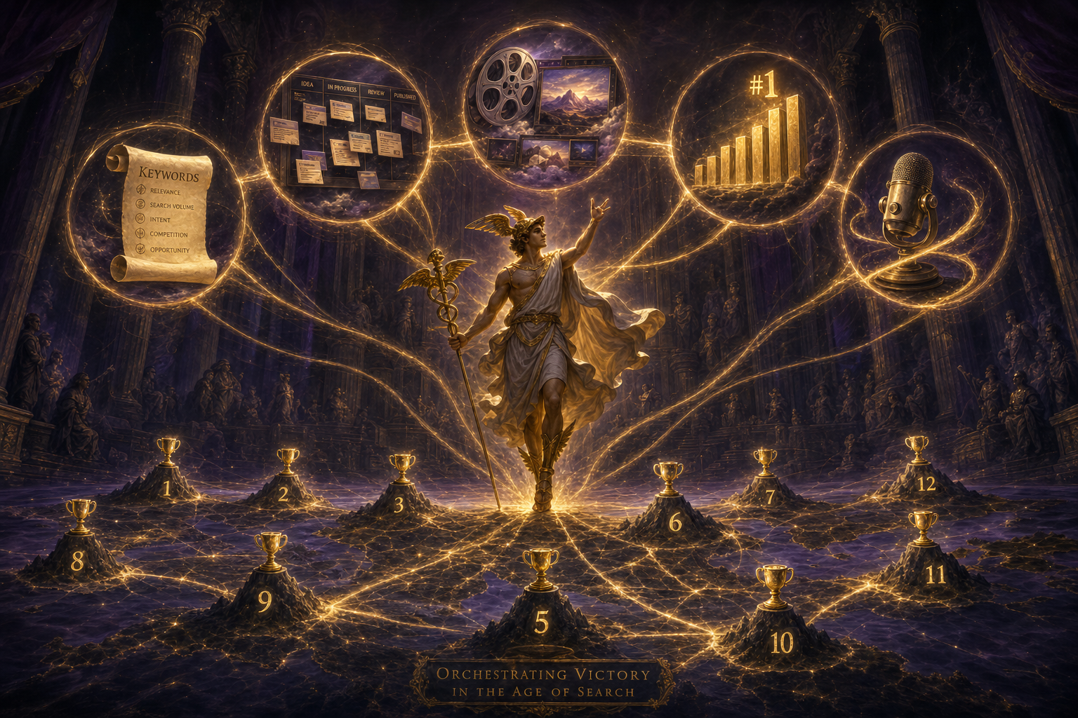 Hermes orchestrating an entire SEO operation — keyword scroll, kanban board, film reel, ascending rank chart, podcast microphone all radiating from the central messenger figure