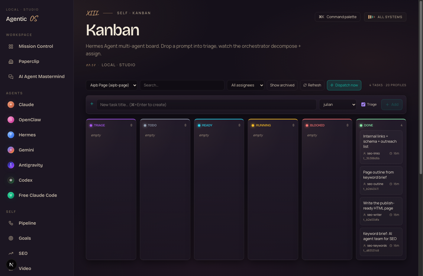 SEO team kanban board with articles in Done column after autonomous pipeline completion