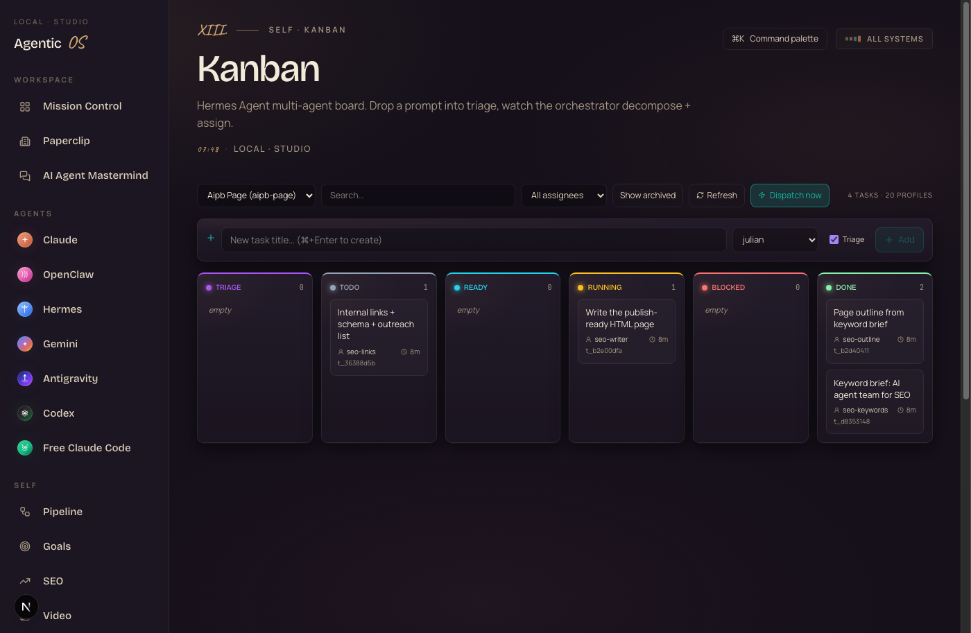 The kanban board mid-run — cards moving through the line