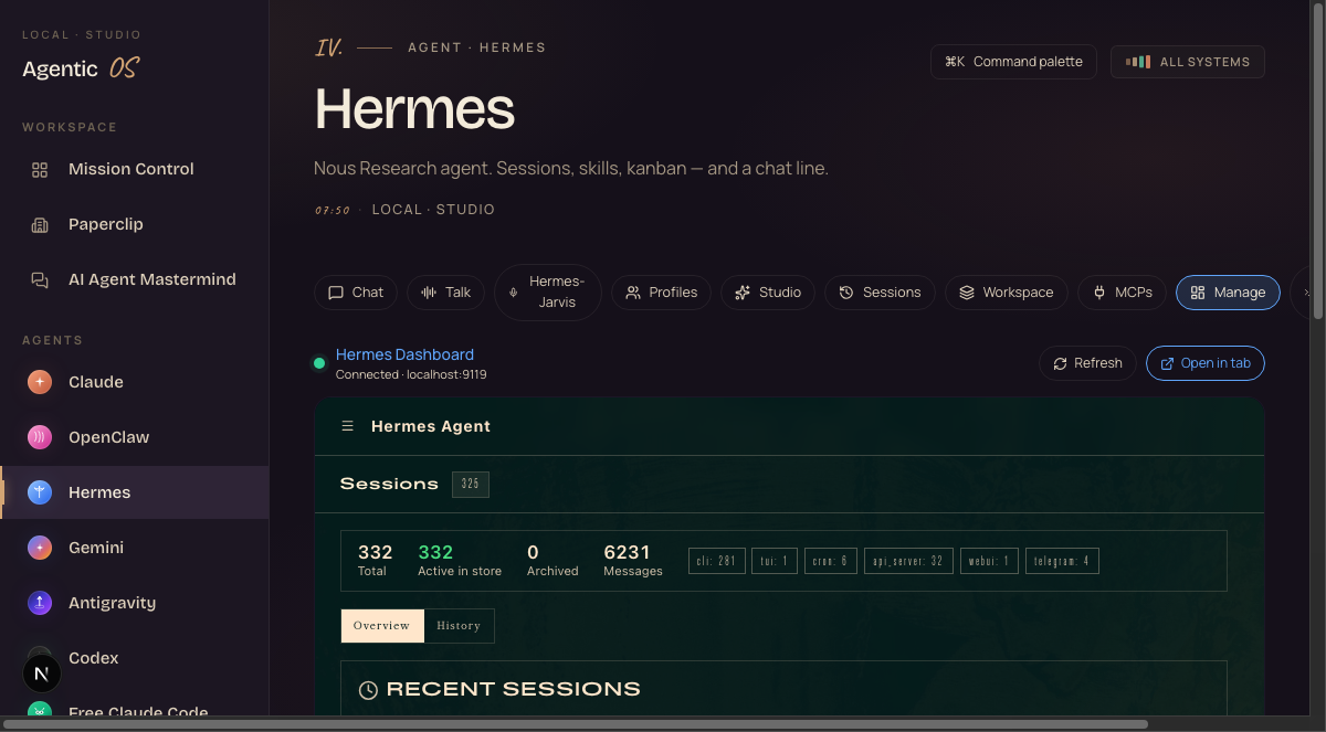 The Manage tab — the Hermes dashboard logging every session