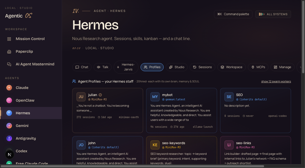 SEO team agent profiles in Agent OS showing different roles