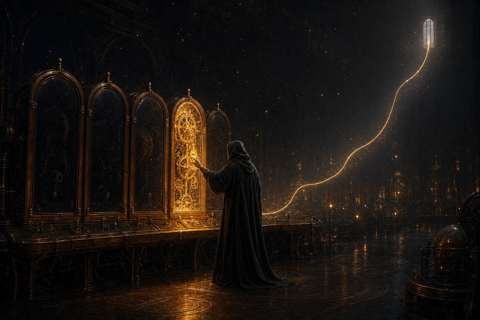 A robed operator, fully clothed in a long hooded robe, lighting a row of six brass-and-glass panels in a dark hall while a golden thread of light escapes through a distant window