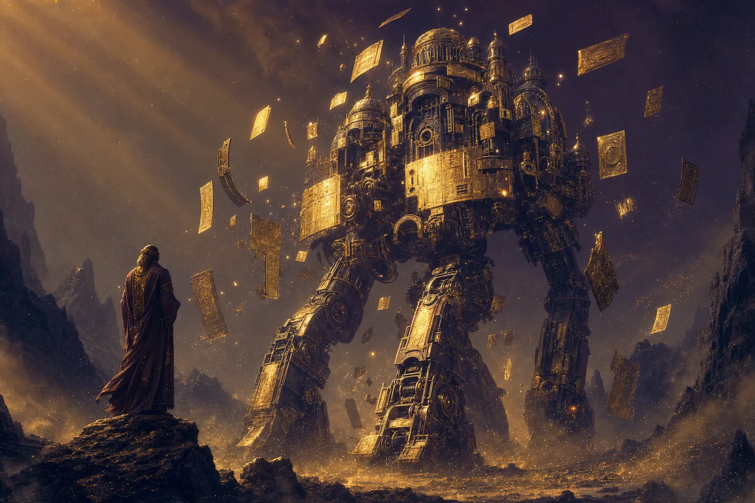A colossal brass machine walking through a valley of golden dust, snapping floating golden plates onto its own hull as a robed engineer in a long flowing robe watches it grow