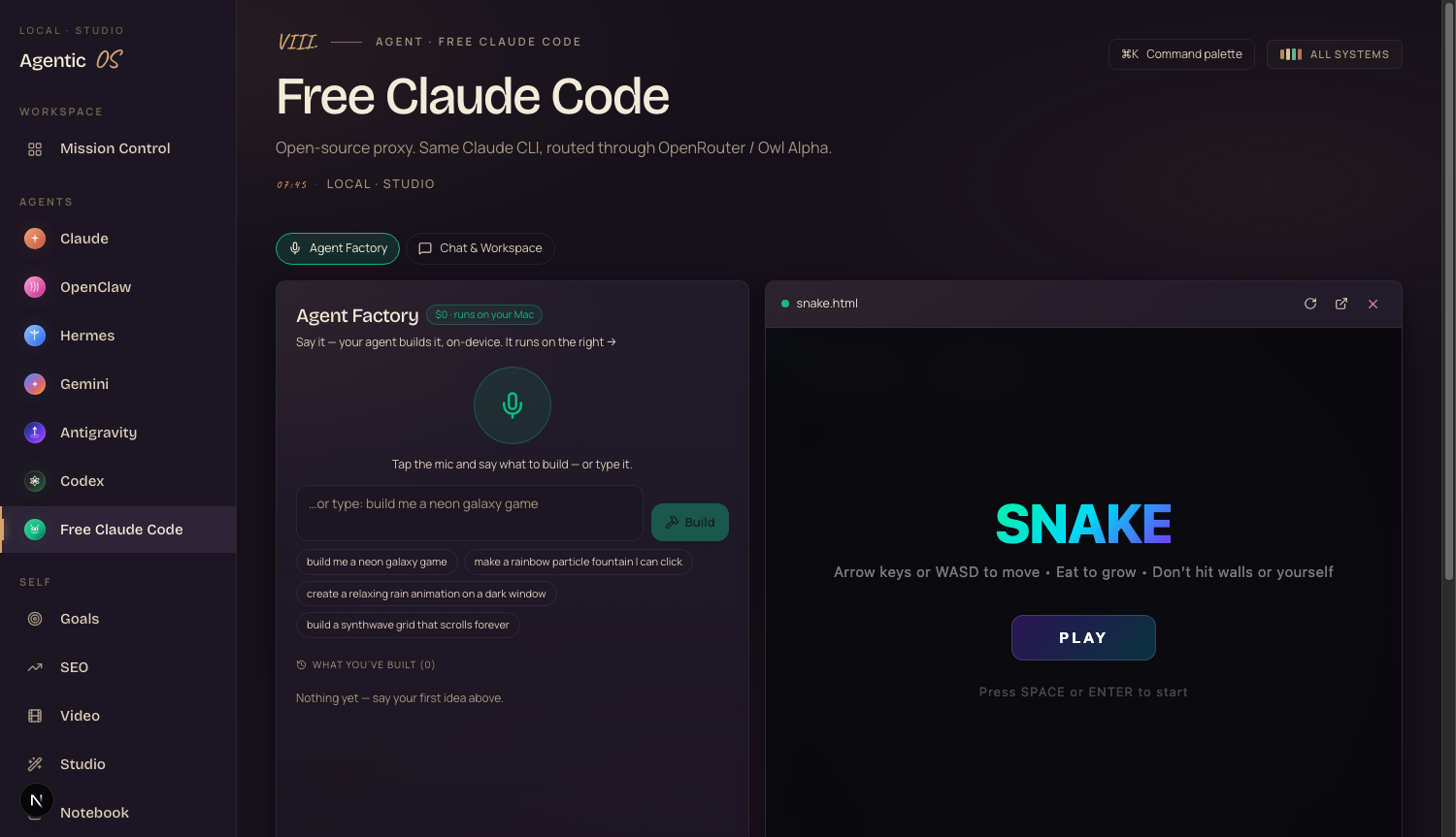 Speak & Build inside the Agent OS — say an idea, a local model builds it, it runs in the preview