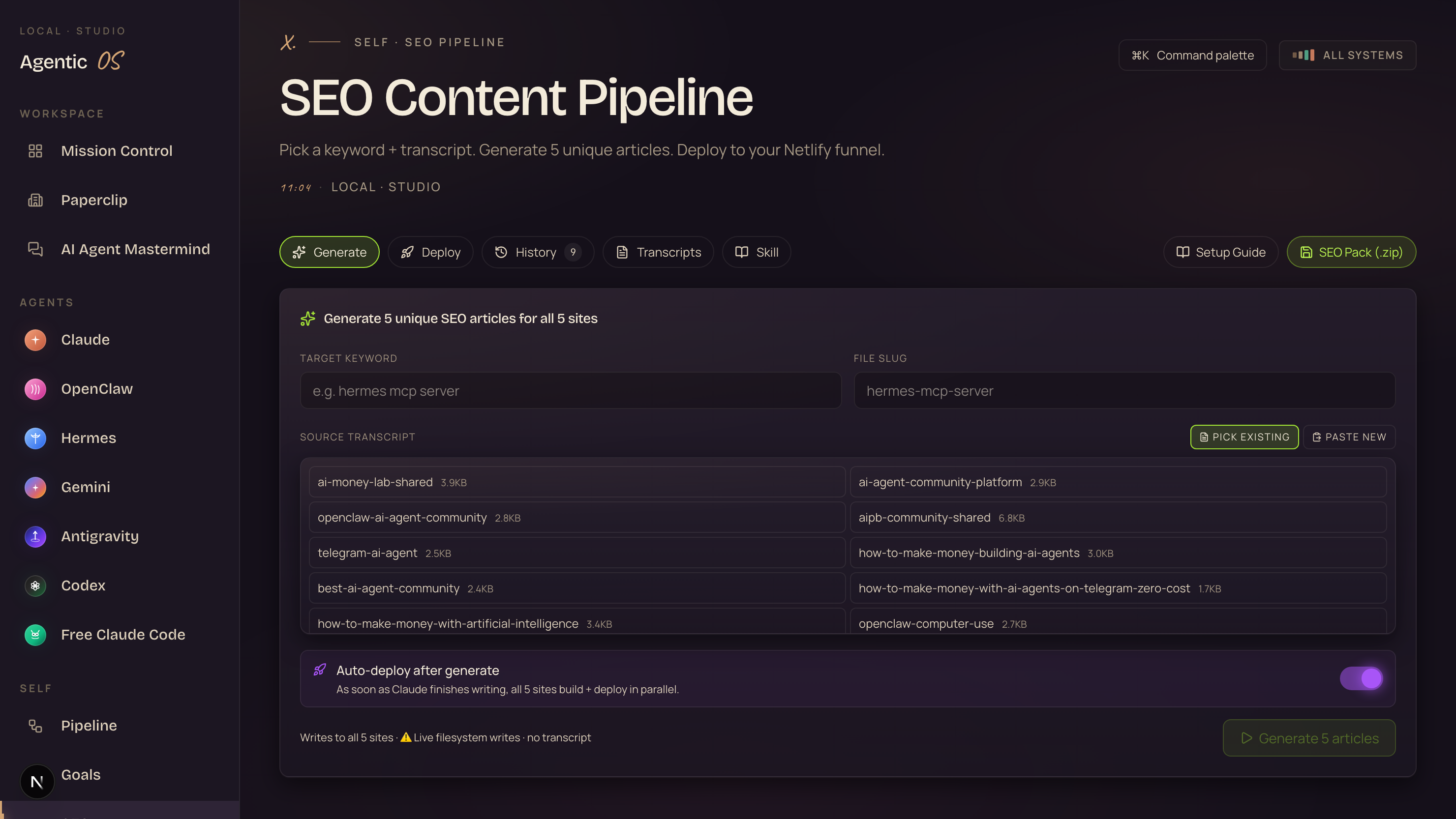 The SEO section inside the Agent OS
